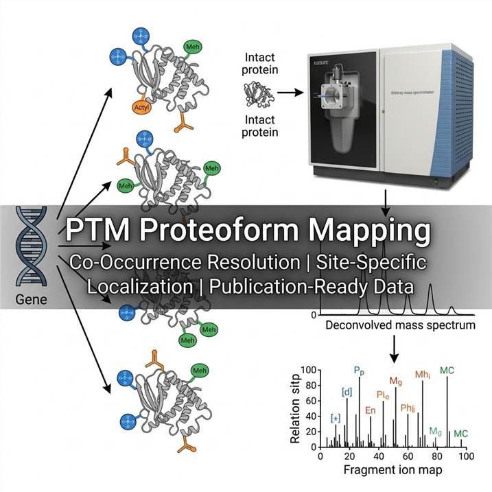 Single gene generating multiple proteoform variants with phosphorylation, acetylation and methylation PTM decorations, analyzed by Orbitrap mass spectrometry yielding deconvolved mass spectrum and fragment ion map with residue-specific modification assignments