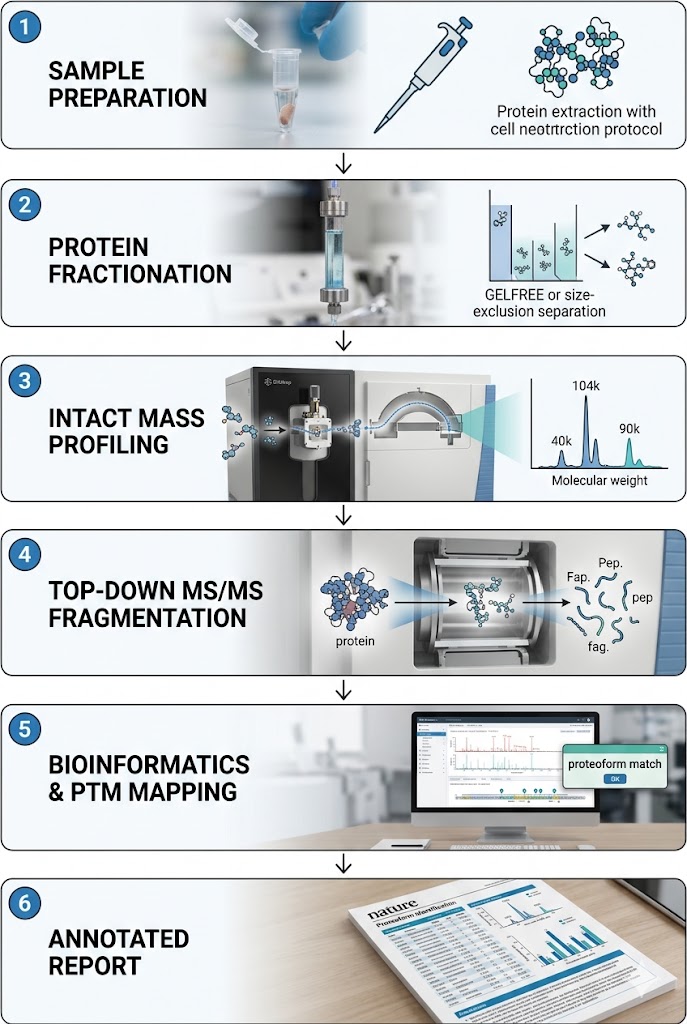 Six-step vertical workflow: sample preparation, GELFrEE/IEX protein fractionation, Orbitrap intact mass profiling, top-down MS/MS fragmentation with HCD/ETD/EThcD, bioinformatics proteoform identification, annotated report delivery