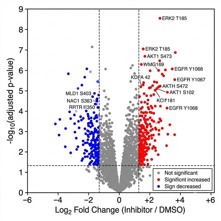 DIA phosphoproteomics volcano plot — differential phosphorylation sites between kinase inhibitor treated and DMSO control, site-level fold-change with adjusted p-value thresholds