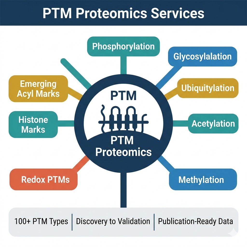 PTM proteomics services — comprehensive post-translational modification analysis covering phosphorylation, glycosylation, ubiquitylation, acetylation, methylation, and more by LC-MS/MS