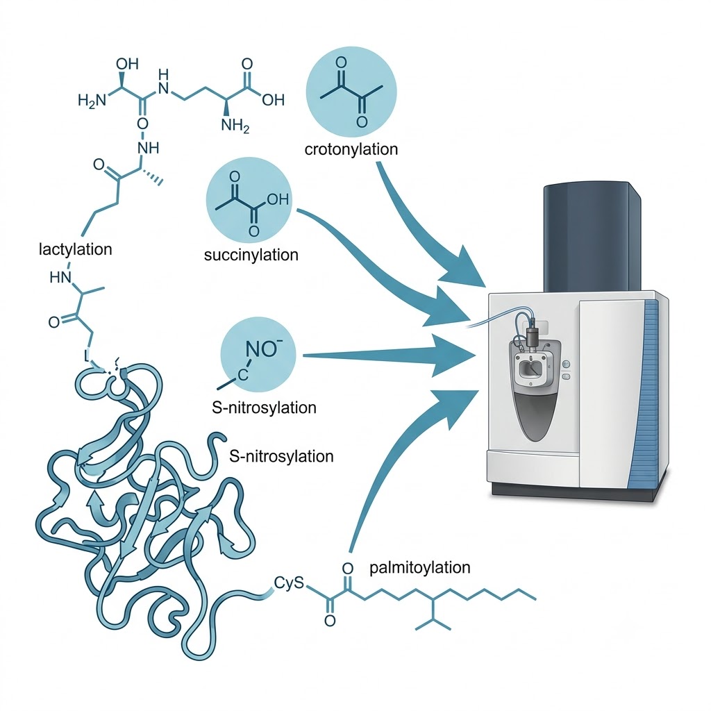 Scientific illustration showing diverse rare PTM structures converging into a mass spectrometer, representing the unified rare PTM analysis workflow.