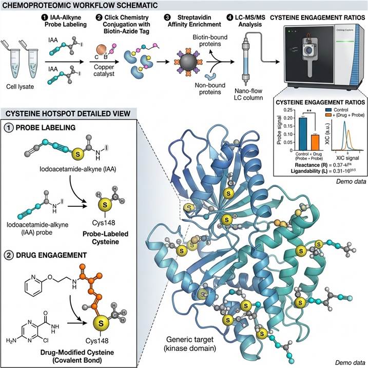 Scientific illustration of reactive cysteine profiling concept showing a protein structure with labeled cysteine residues, isoTOP-ABPP chemoproteomic workflow with IAA-alkyne probes and mass spectrometry detection, and the connection to covalent drug discovery with small molecule inhibitors engaging reactive cysteine hotspots across the proteome.