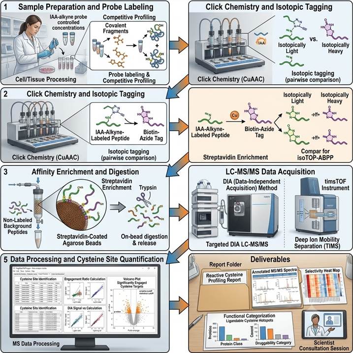 Six-step workflow diagram showing the Reactive Cysteine Profiling pipeline from sample preparation and IAA-alkyne probe labeling through click chemistry enrichment, LC-MS/MS acquisition, data processing with FragPipe/MSFragger, and final target engagement and selectivity reporting for covalent drug discovery applications.
