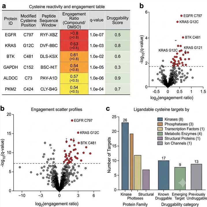 Representative reactive cysteine profiling results: cysteine reactivity and ligandability table with protein names and modified cysteine positions, competitive engagement ratio plots comparing DMSO control versus compound-treated samples, volcano plot highlighting significantly engaged cysteine targets, annotated MS/MS spectrum of IAA-alkyne-labeled peptide, and functional categorization of ligandable cysteine hotspots by protein class and druggability category.