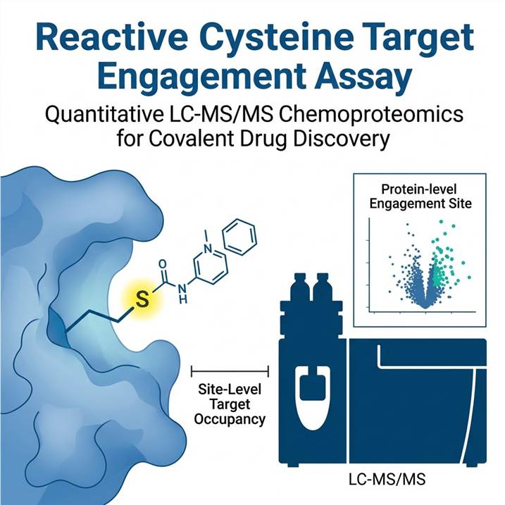 Covalent warhead targeting cysteine residue on a protein surface with LC-MS/MS mass spectrometer readout showing site-level engagement data.
