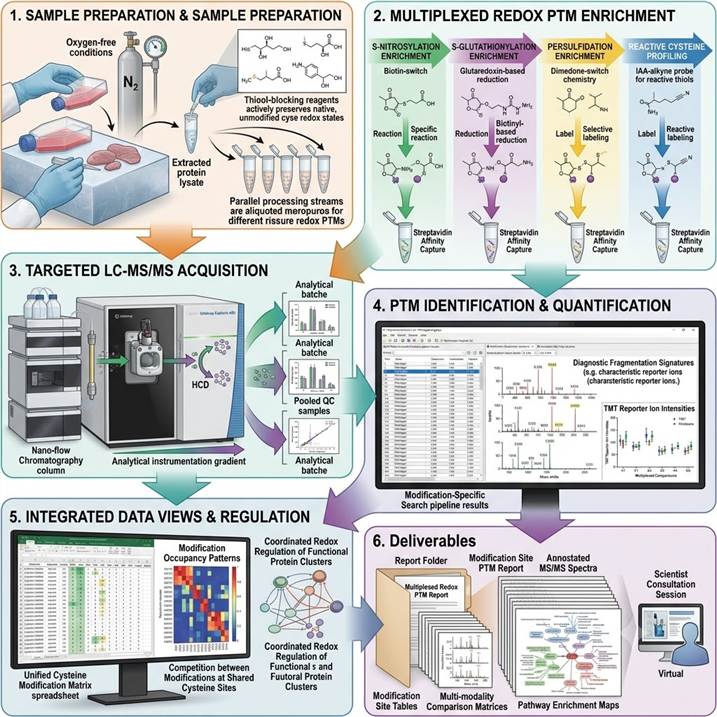 Six-panel integrated workflow diagram showing the Redox PTM Proteomics pipeline from sample preparation with redox state preservation through modification-specific enrichment, LC-MS/MS acquisition on Orbitrap platforms, identification and quantification of each redox modification, multi-modality data integration into a unified cysteine modification matrix, and final integrated reporting with pathway analysis.