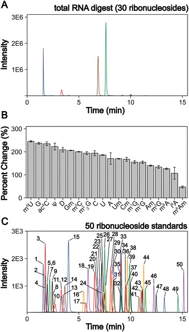 Key results from Jones et al. 2023 (RSC Chemical Biology): (Figure 1) LC-MS/MS workflow schematic showing stringent mRNA purification (polyA selection + RNase H rRNA depletion), enzymatic RNA hydrolysis to nucleosides, C18 LC separation, and Orbitrap/QqQ MS detection for untargeted discovery and targeted absolute quantification. (Figure 2) Extracted ion chromatograms of 13 methylated ribonucleoside modifications detected in S. cerevisiae mRNA, including newly identified m¹G, m²G, m²₂G, and m⁵U. (Figure 3) Absolute quantification bar charts showing modification abundance (fmol/μg mRNA) across wild-type and methyltransferase knockout strains for each of the 13 detected mRNA modifications. (Figure 4) Genetic validation showing identification of Trm10, Trm11, Trm1, and Trm2 as the responsible mRNA methyltransferases for m¹G, m²G, m²₂G, and m⁵U respectively. (Figure 5) In vitro translation assay results demonstrating position-dependent inhibition of translation elongation by m¹G, m²G, and m⁵U modifications in reporter mRNA codons.