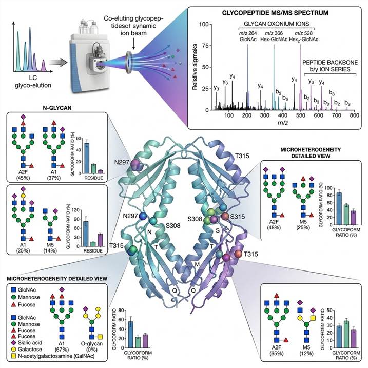 Scientific illustration of site-specific glycosylation analysis concept showing a protein structure with multiple glycosylation sites, each displaying a distribution of different glycan structures (microheterogeneity) represented by distinct glycan symbols, with mass spectrometry fragmentation schematics indicating glycopeptide identification at each site.