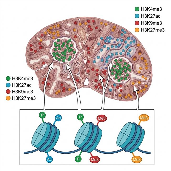 Scientific illustration showing a tissue section with histone modification marks (H3K4me3, H3K27ac, H3K9me3, H3K27me3) mapped as colored overlays across different tissue compartments.
