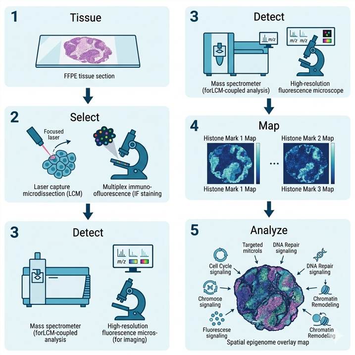 Vertical workflow diagram showing the five-step spatial histone profiling pipeline from tissue preparation to data interpretation.