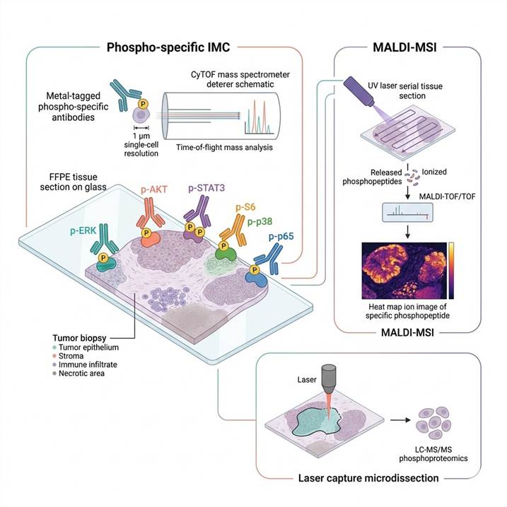 Scientific illustration of spatial phospho-signaling analysis concept: a tissue section on a glass slide showing multiplexed imaging mass cytometry with different colored phospho-specific antibodies (p-ERK in teal, p-AKT in coral, p-STAT3 in purple, p-S6 in orange) binding to phosphorylated signaling proteins in cells within the tissue microenvironment, alongside MALDI-MSI mass spectrometry imaging showing spatially resolved phosphopeptide distribution heat maps overlaid on tissue morphology, with laser capture microdissection capturing specific tissue regions for LC-MS/MS phosphoproteomics. Clean white background, photorealistic scientific illustration style, teal-coral-purple color scheme representing phospho-signaling and spatial themes.