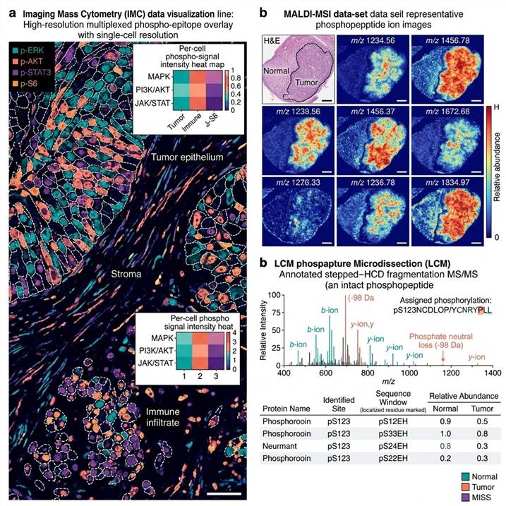 Representative spatial phospho-signaling analysis results panel: (Left) Multiplexed IMC phospho-signaling images of a tumor tissue section showing overlay of multiple phospho-epitopes (p-ERK in teal, p-AKT in coral, p-STAT3 in purple, p-S6 in orange) with single-cell segmentation masks overlaid, demonstrating cell-type-specific signaling pathway activation patterns across tumor epithelium (teal), stroma (coral), and immune infiltrate (purple) compartments. (Center) MALDI-MSI phosphopeptide ion images showing spatially distinct phosphopeptide distributions across tumor and stromal regions with reference H&E staining. (Right) LCM phosphoproteomics results showing an annotated HCD MS/MS spectrum of a phosphopeptide with assigned phosphorylation site localization and b/y ion series annotation, with a summary table identifying phosphorylation sites and their assigned proteins from the captured tissue region.