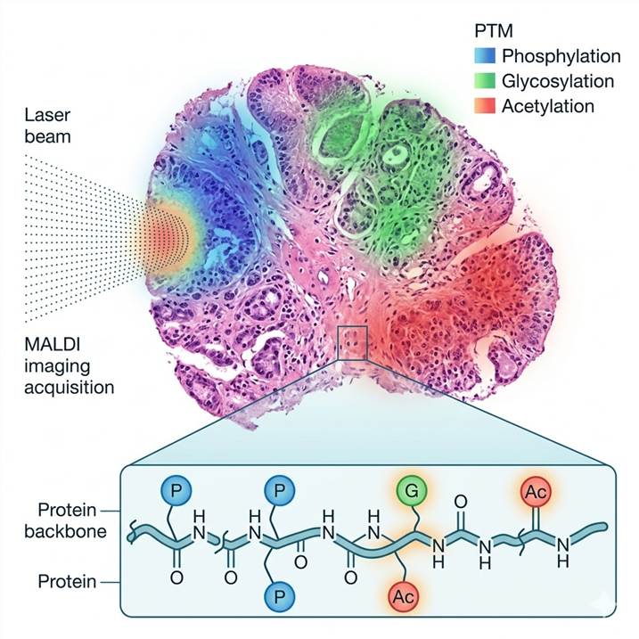 Scientific illustration showing a tissue section with molecular gradient overlay and highlighted regions representing different post-translational modification distributions across the tissue architecture.