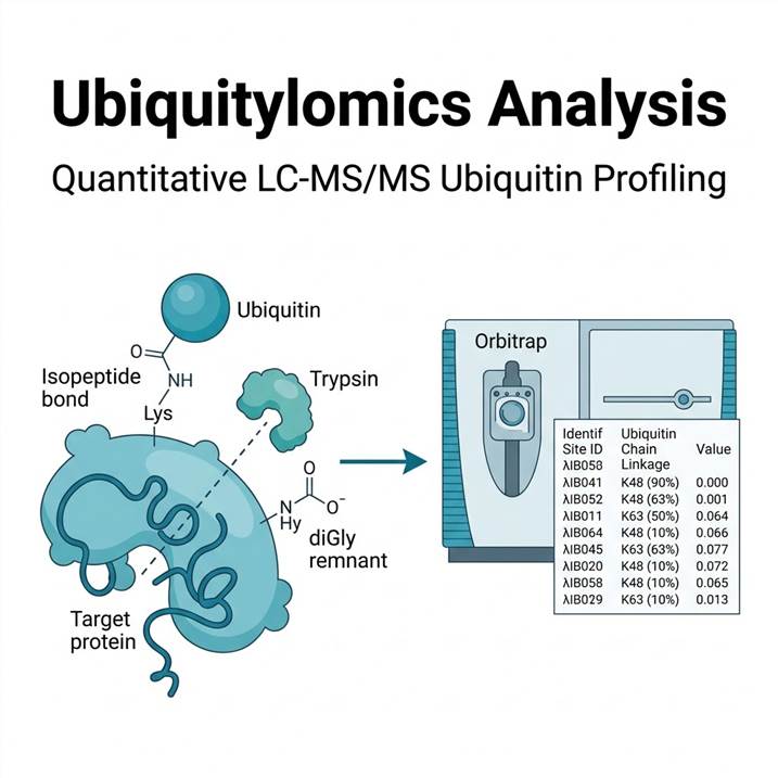 Ubiquitin molecule attached to a target protein lysine residue with diGly remnant formation, connected to LC-MS/MS readout showing ubiquitination site identification and chain linkage analysis.