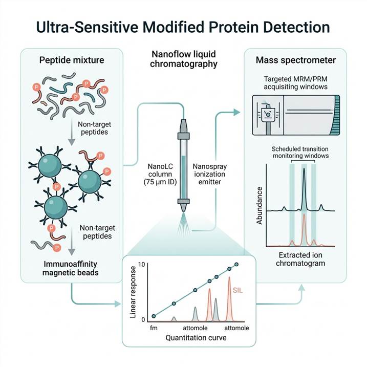 Scientific illustration of ultra-sensitive modified protein detection: nanoflow LC-MS system with nanoelectrospray ionization, immunoaffinity magnetic beads capturing modified peptides from complex digest mixtures, targeted MRM/PRM acquisition with scheduled transition monitoring, and quantitative calibration curves showing attomole-level detection limits for phosphorylated peptides. Clean white background, photorealistic scientific instrumentation style, blue-coral color scheme representing phosphoprotein detection theme.