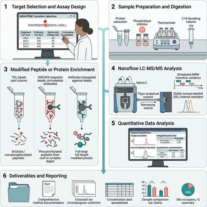 Six-panel workflow diagram showing the ultra-sensitive modified protein detection pipeline: (1) Target selection and MRM/PRM assay design with transition optimization, (2) Sample preparation with phosphatase inhibitors for modification preservation, (3) Modified peptide enrichment using SISCAPA immunoaffinity beads or TiO₂/IMAC, (4) Nanoflow LC-MS/MS analysis with scheduled MRM acquisition and SIL internal standards, (5) Quantitative data analysis with peak integration and isotope ratio calculation, (6) Final reporting with extracted ion chromatograms and group comparison statistics.