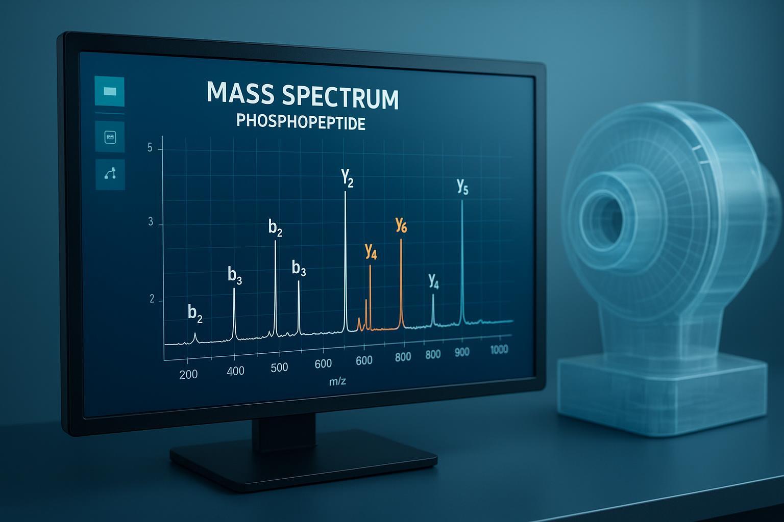 High-resolution mass spectrometry spectrum showing site-specific protein phosphorylation analysis results.