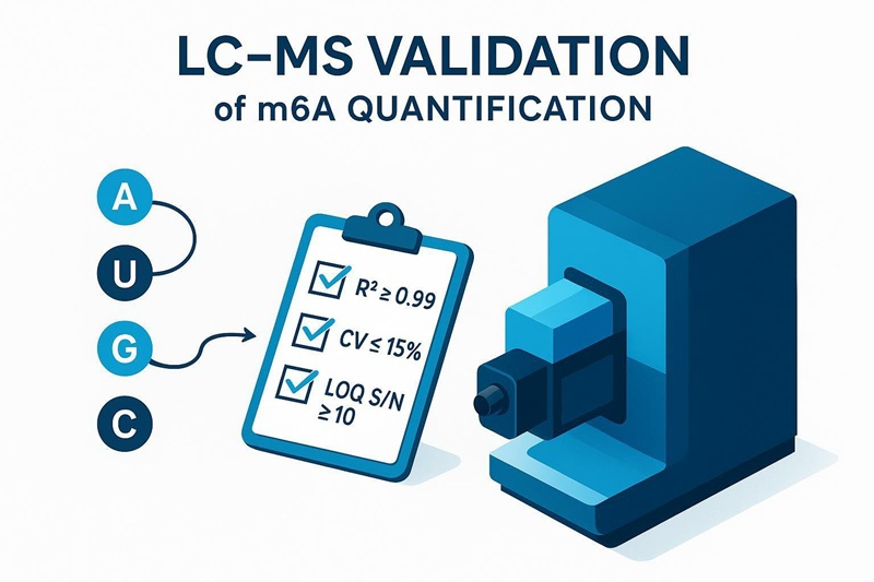 Cover image: LC–MS instrument and RNA nucleoside flow into a reviewer-ready checklist with thresholds R² ≥ 0.99, CV ≤ 15%, LOQ S/N ≥ 10.