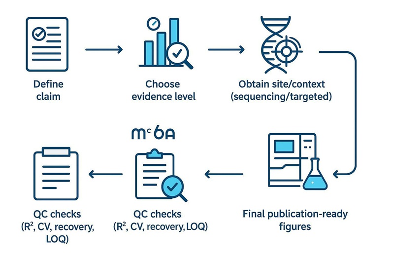 Reviewer-ready m6A validation workflow using LC–MS absolute quantification with isotope standards and QC thresholds.