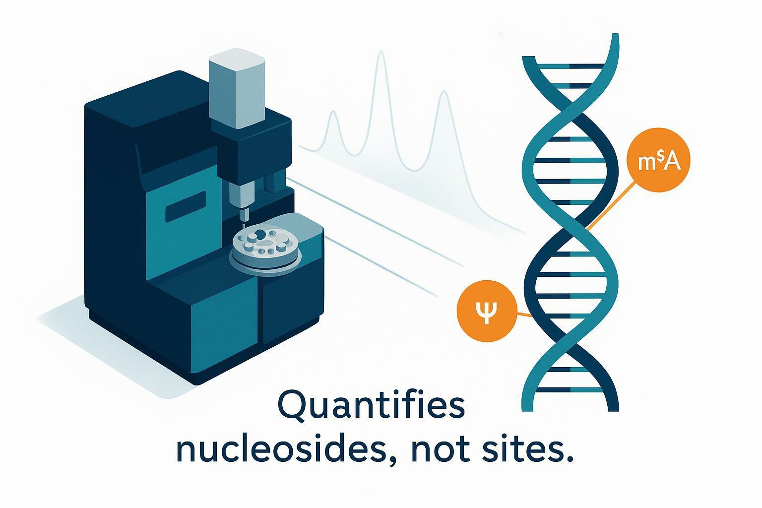 Cover image showing LC–MS instrument, RNA strand with m6A and pseudouridine (Ψ) icons, and chromatogram peaks with the note 'Quantifies nucleosides, not sites.