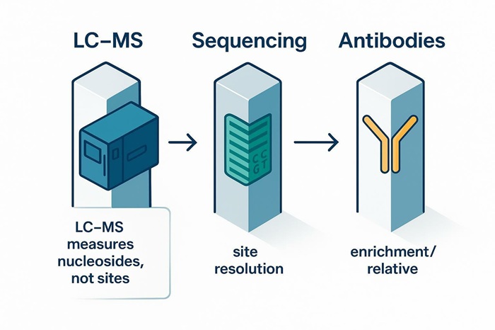 Infographic comparing LC–MS (absolute quantification), sequencing (site resolution), and antibodies (enrichment) with a callout that LC–MS measures nucleosides, not sites.