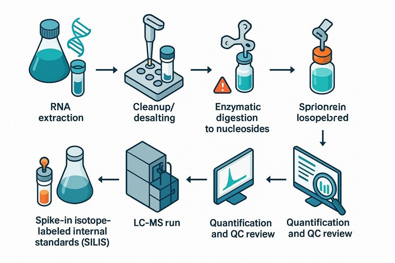 Workflow diagram for RNA modification LC–MS sample preparation with steps from extraction to quantification and QC, highlighting risks like salt carryover and contamination.