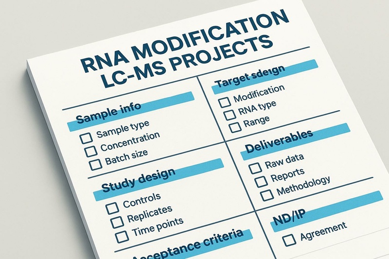 RNA Modification LC-MS Analysis kickoff spec sheet infographic template with fields for sample requirements, target scope, study design, deliverables, acceptance criteria, and NDA/IP.