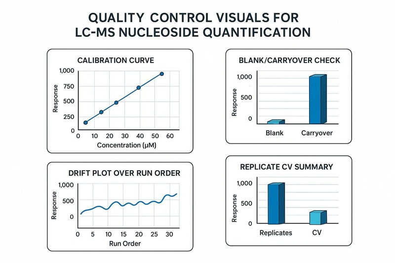 QC visualization layout for RNA modification LC-MS including calibration curve, blanks/carryover panel, drift over run order, and replicate CV summary.