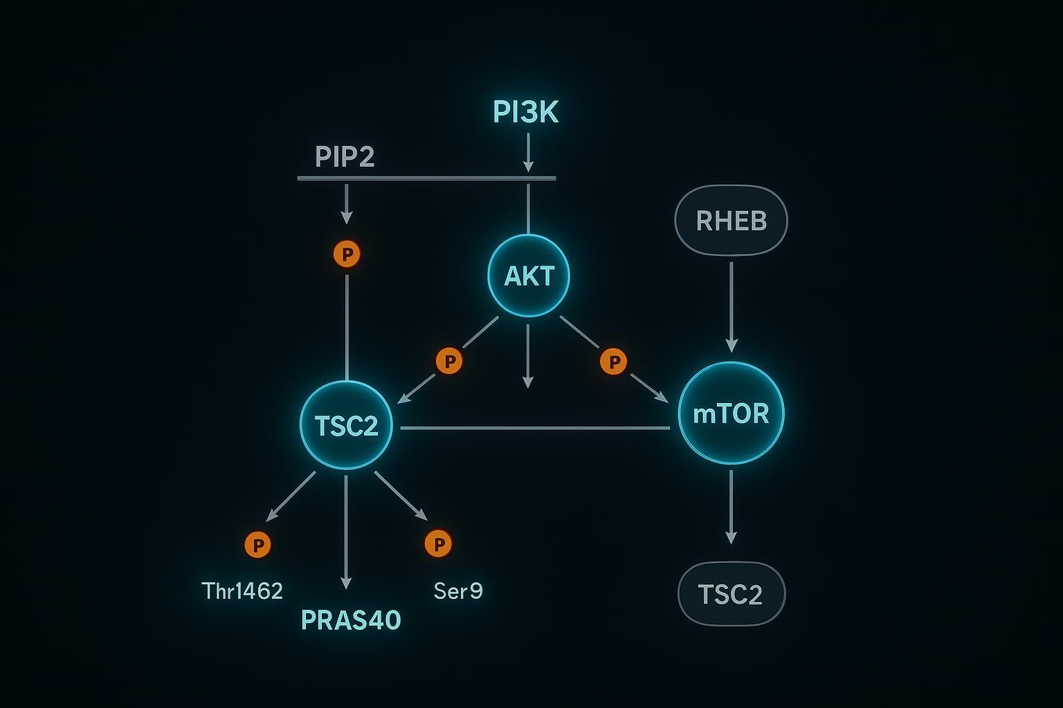 PI3K-AKT-mTOR signaling pathway showing akt protein phosphorylation cascade nodes.
