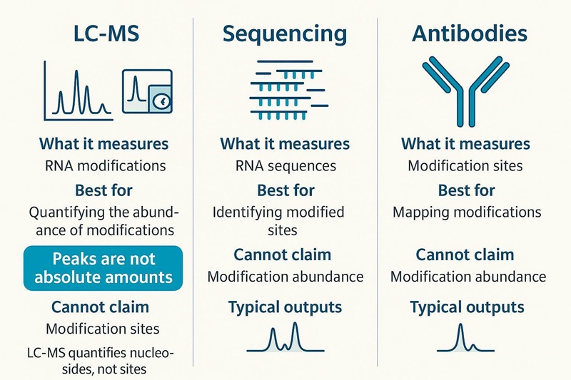 Infographic comparing what LC–MS, sequencing, and antibody methods measure in RNA modification analysis, with limitations and outputs.