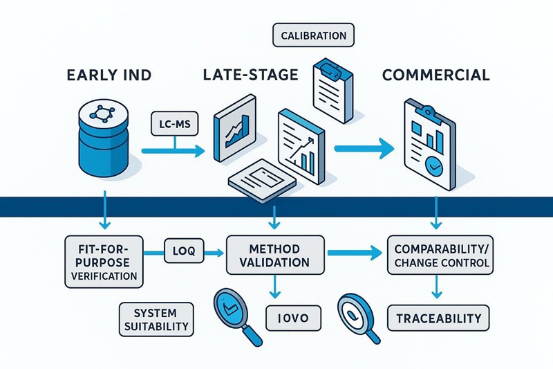 CMC compliance workflow for mRNA therapeutics showing how LC-MS analysis supports validation, batch release, and change control.