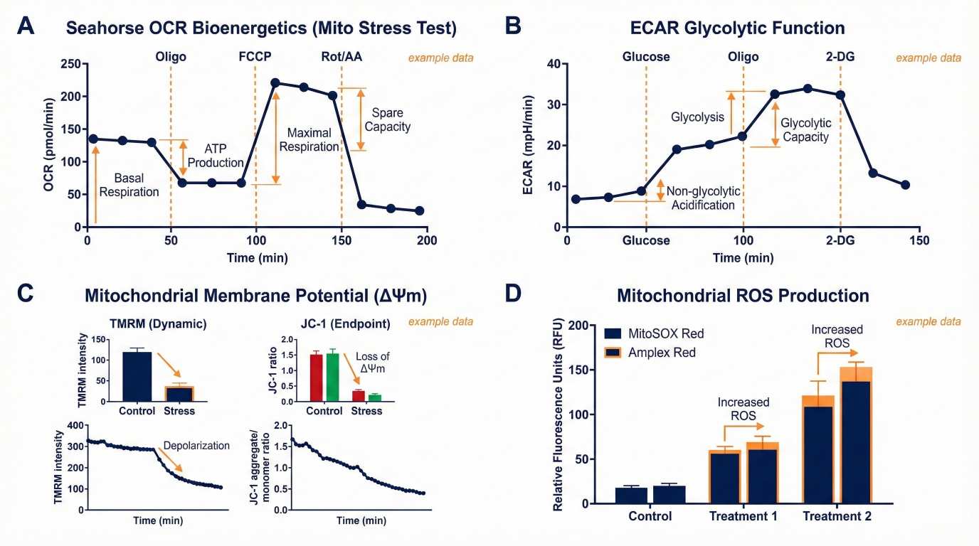 Dashboard of example Seahorse OCR/ECAR curves with ΔΨm, ROS, and ATP/ADP assay summaries.