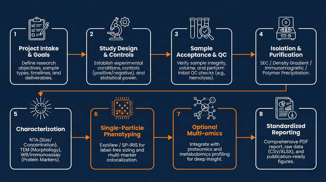 Deep navy flowchart of exosome analysis services: intake, QC, isolation, NTA/TEM/WB, ExoView phenotyping, omics, report.