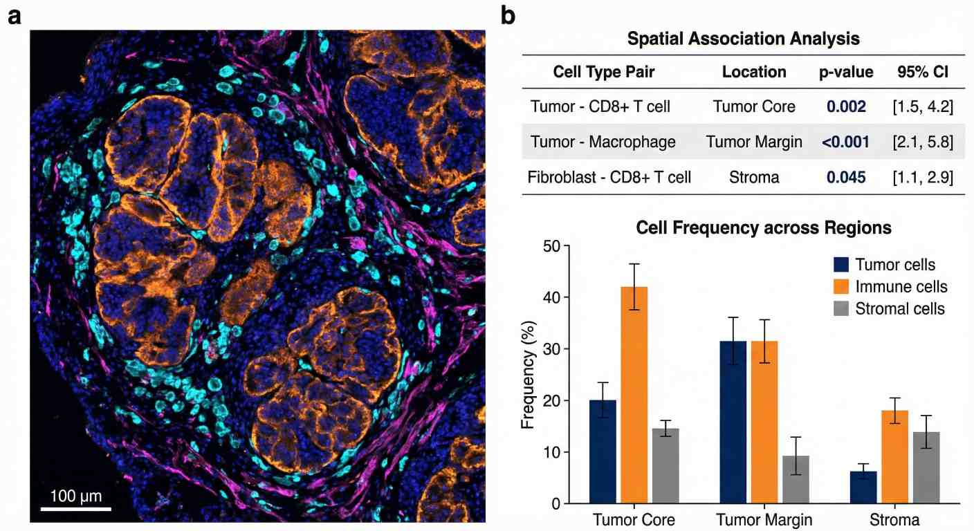 Figure combining a multiplex tissue image with statistical tables and charts showing spatial associations and cell frequencies.