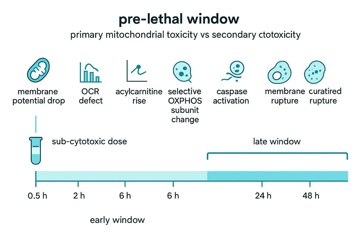 Timeline schematic highlighting the pre-lethal window for mechanistic sampling versus late-stage cytotoxicity confounders