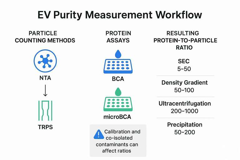 Analytical infographic showing the protein-to-particle ratio workflow using NTA/TRPS and BCA/microBCA across common EV isolation methods