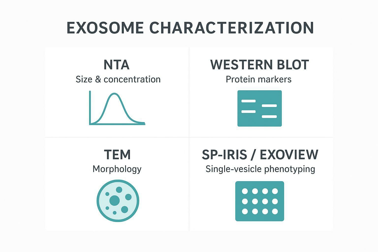 A decision tree and workflow diagram guiding researchers from EV isolation to NTA for yield, Western blot for bulk purity markers, TEM for morphology, and SP-IRIS/ExoView for subpopulation phenotyping and co-localization.