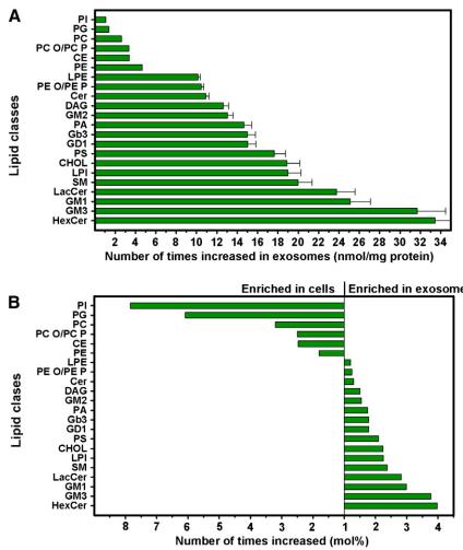 Lipid class enrichment in PC-3 cells and exosomes