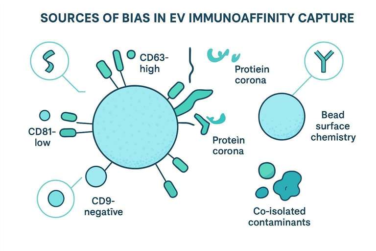 Infographic illustrating bias sources in EV immunoaffinity capture, including marker heterogeneity, epitope masking, bead chemistry effects, and co-isolated contaminants.
