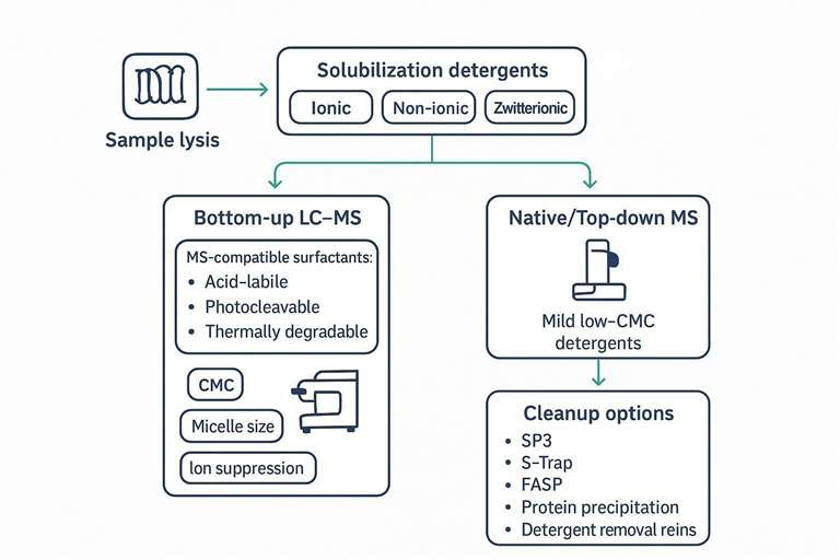 Infographic flowchart: choosing solubilizers, MS-compatible surfactants, and cleanup routes