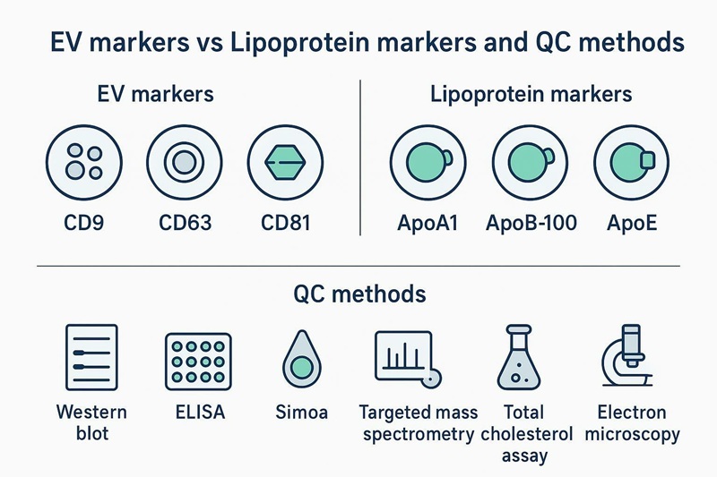 Infographic comparing EV markers vs lipoprotein markers and matching detection methods
