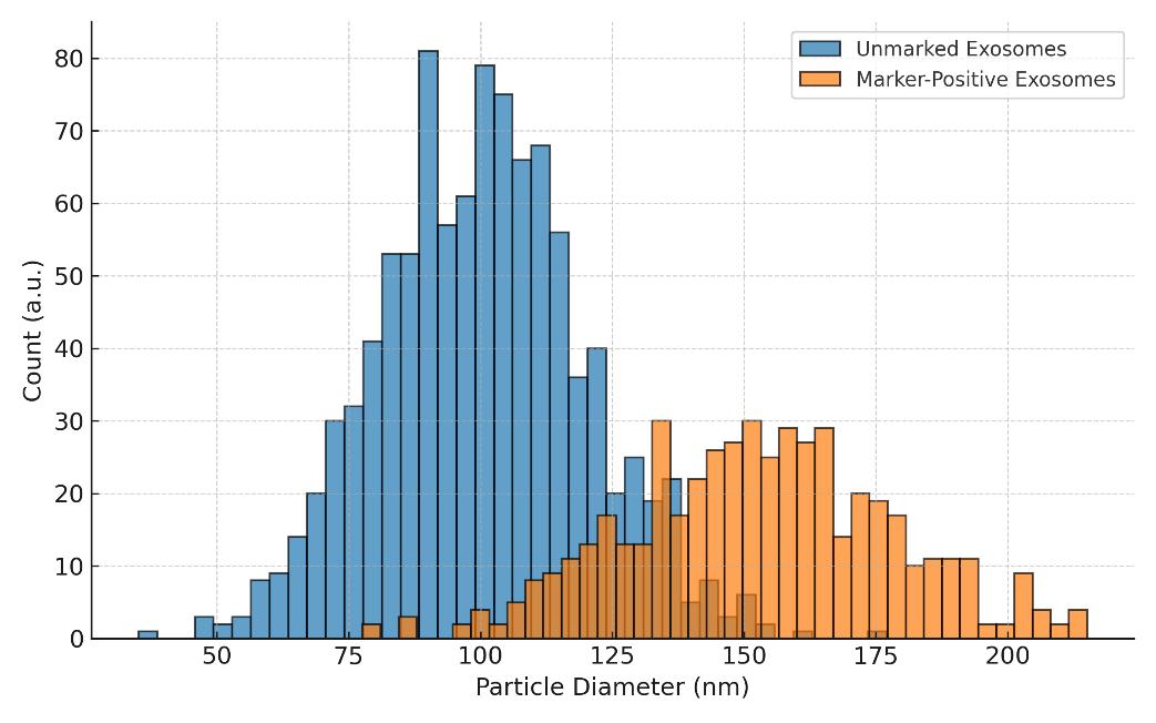Fluorescence NTA histogram comparing marker-positive exosome population and unmarked exosomes.