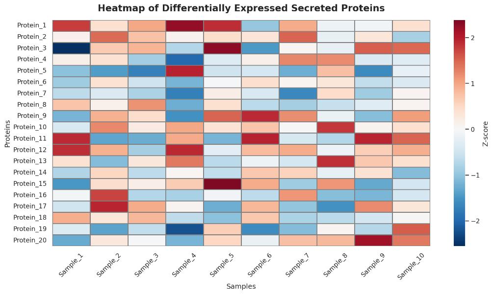 Heatmap visualizing the expression levels of differentially expressed secreted proteins across 10 samples, with a red-to-blue color gradient indicating relative abundance.