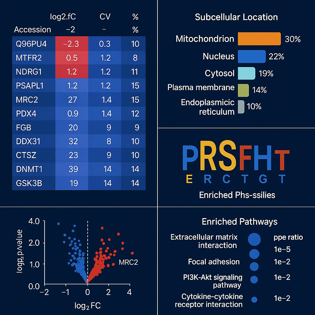 A 2x2 proteomics demo figure showing a protein expression matrix, subcellular localization bar chart, phosphorylation motif logo, and enriched pathway bubble chart.