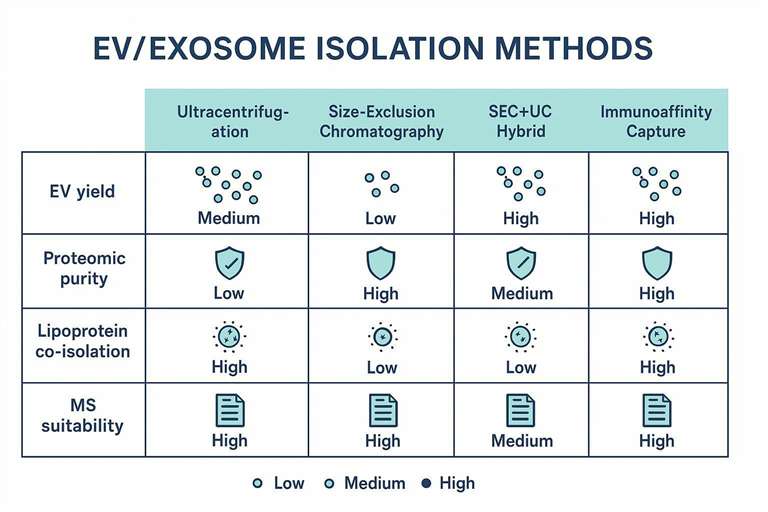 Comparison table of UC, SEC, SEC+UC hybrid, precipitation, and immunoaffinity across yield, purity, lipoprotein co-isolation, and MS suitability