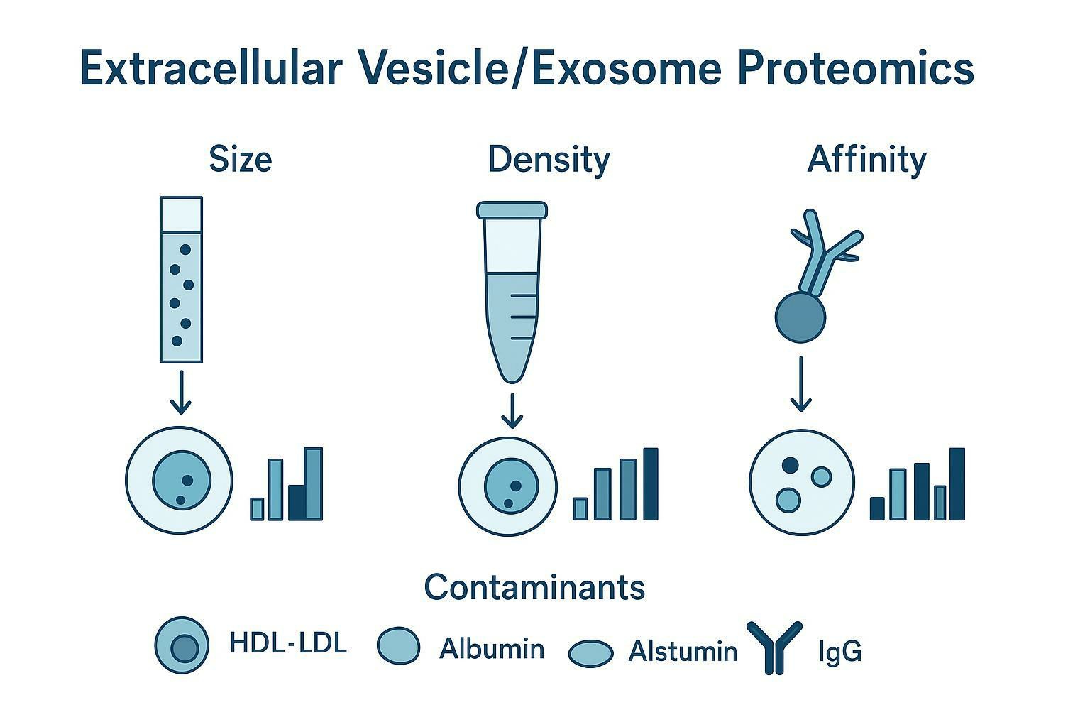 Illustrative bar chart comparing EV markers (CD9, TSG101) and contaminants (Albumin, ApoA1) across UC, SEC, and precipitation isolates