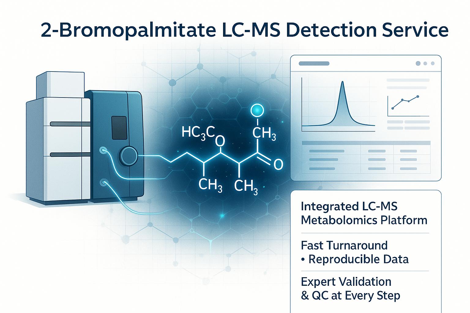 2-Bromopalmitate LC-MS Detection Service visual showing HPLC and Triple Quadrupole LC-MS/MS instruments, molecular structure, and analytical report interface for targeted metabolomics analysis.