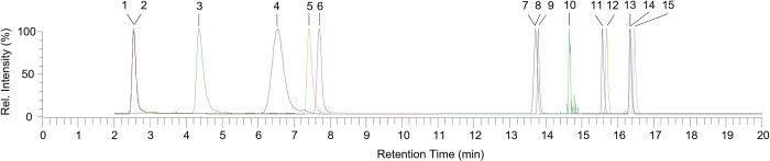 Chromatogram of B vitamins standards and internal standards at (500 μg/L).