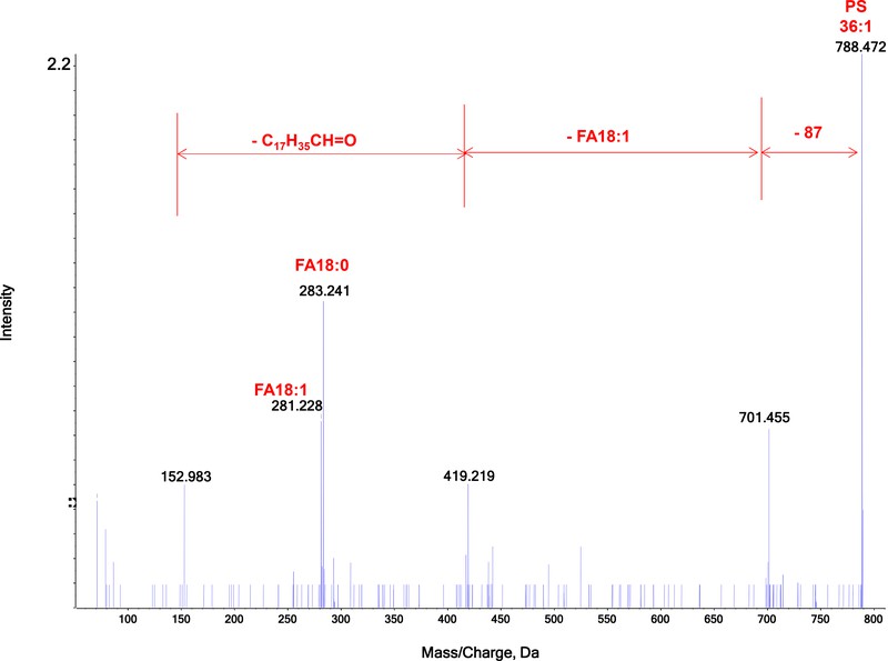 Representative MS/MS spectra of phosphatidylserine 36:1 (PS36:1).