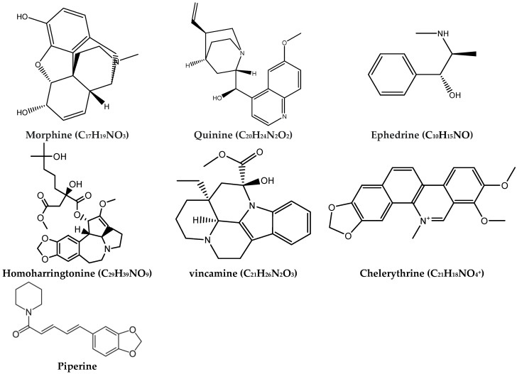 Chemical structures of some common plant alkaloids.